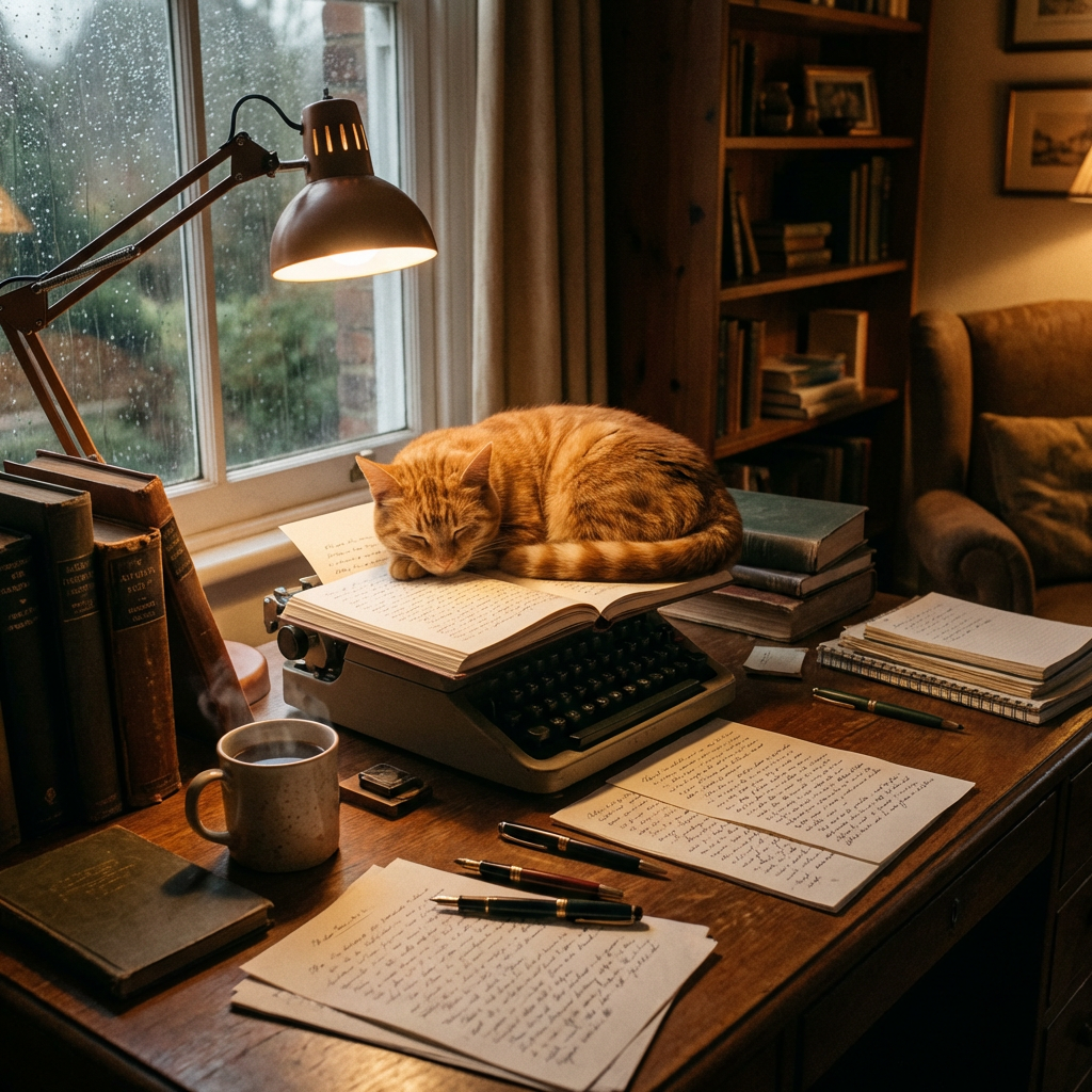 Ginger cat sleeping on a book and typewriter at a cozy wooden desk.