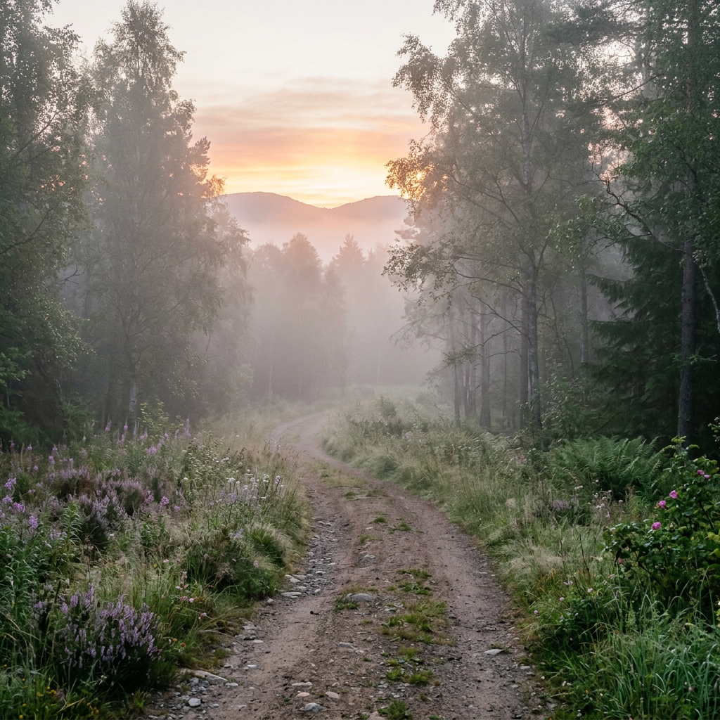 Dirt path winding through misty forest with sunrise in background
