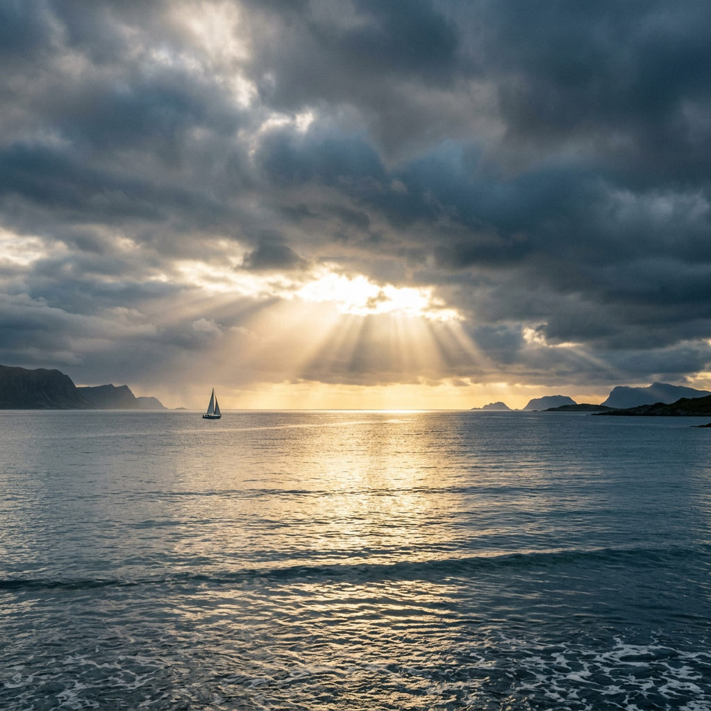 Sailboat on ocean with sun rays piercing dark clouds