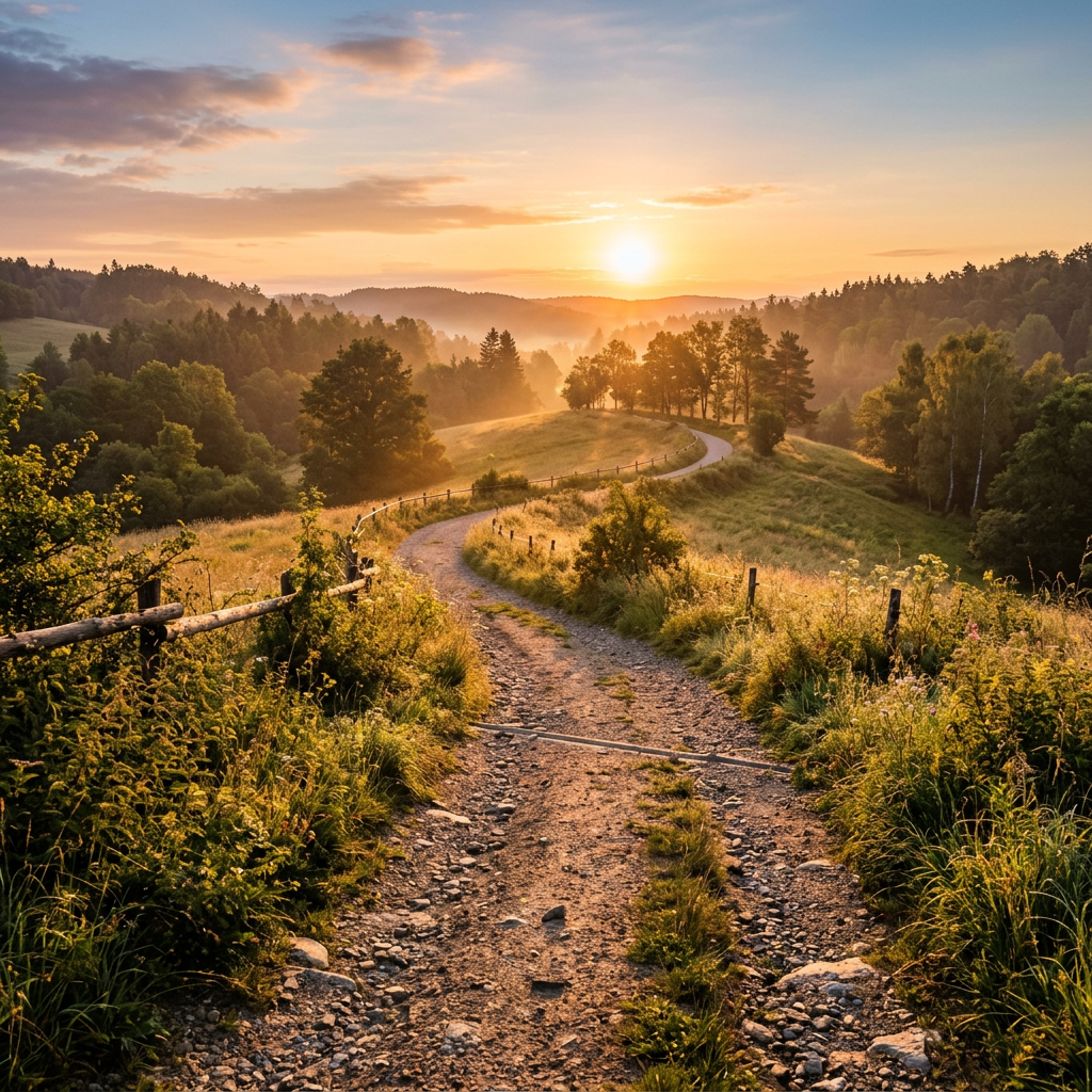 Winding dirt path through green fields and trees at sunrise
