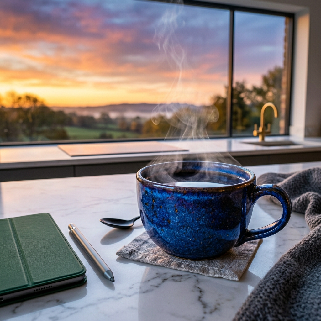 Steaming dark blue coffee cup on wooden table near window with sunrise