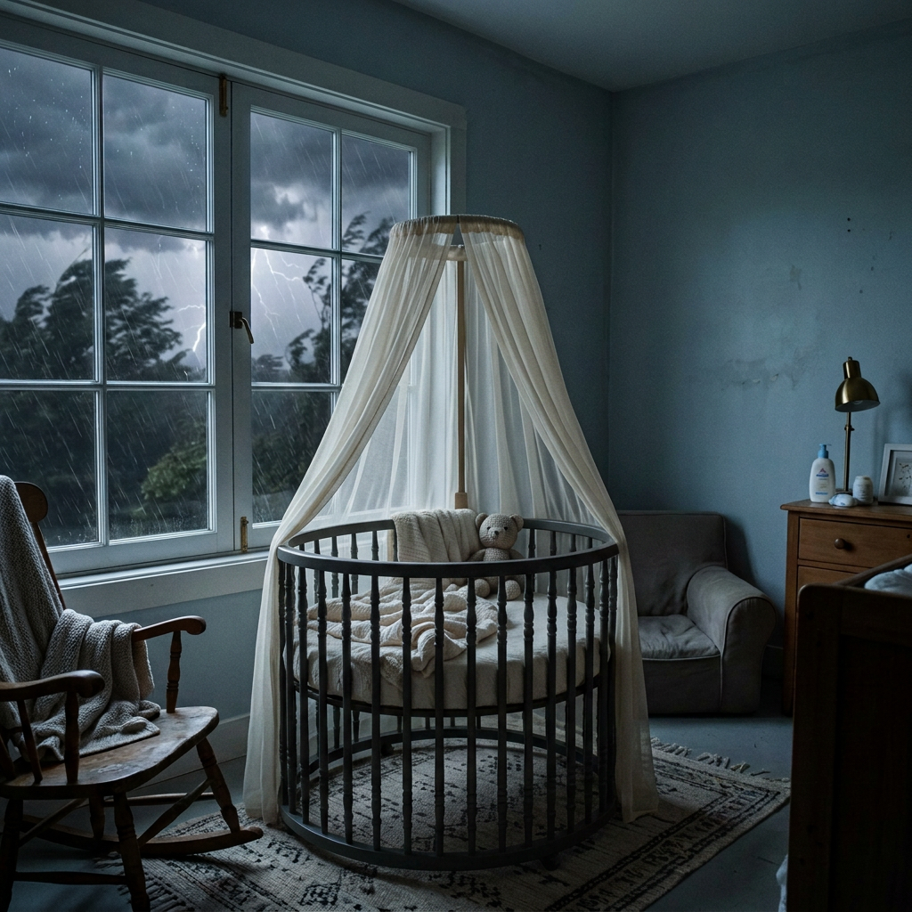Nursery room with rocking crib, rocking chair, and stormy rain visible through window