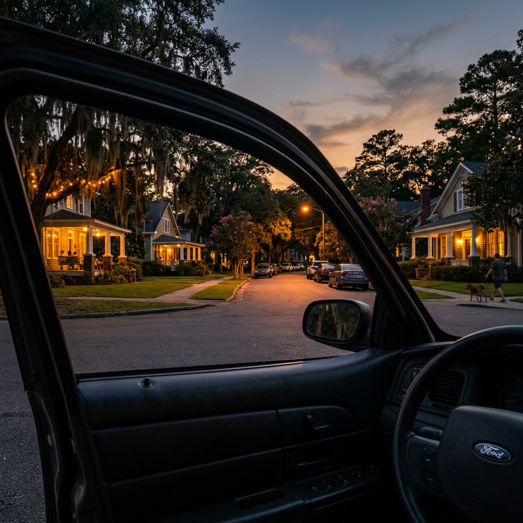 View of a residential street at sunset through an open car door with warm porch lights