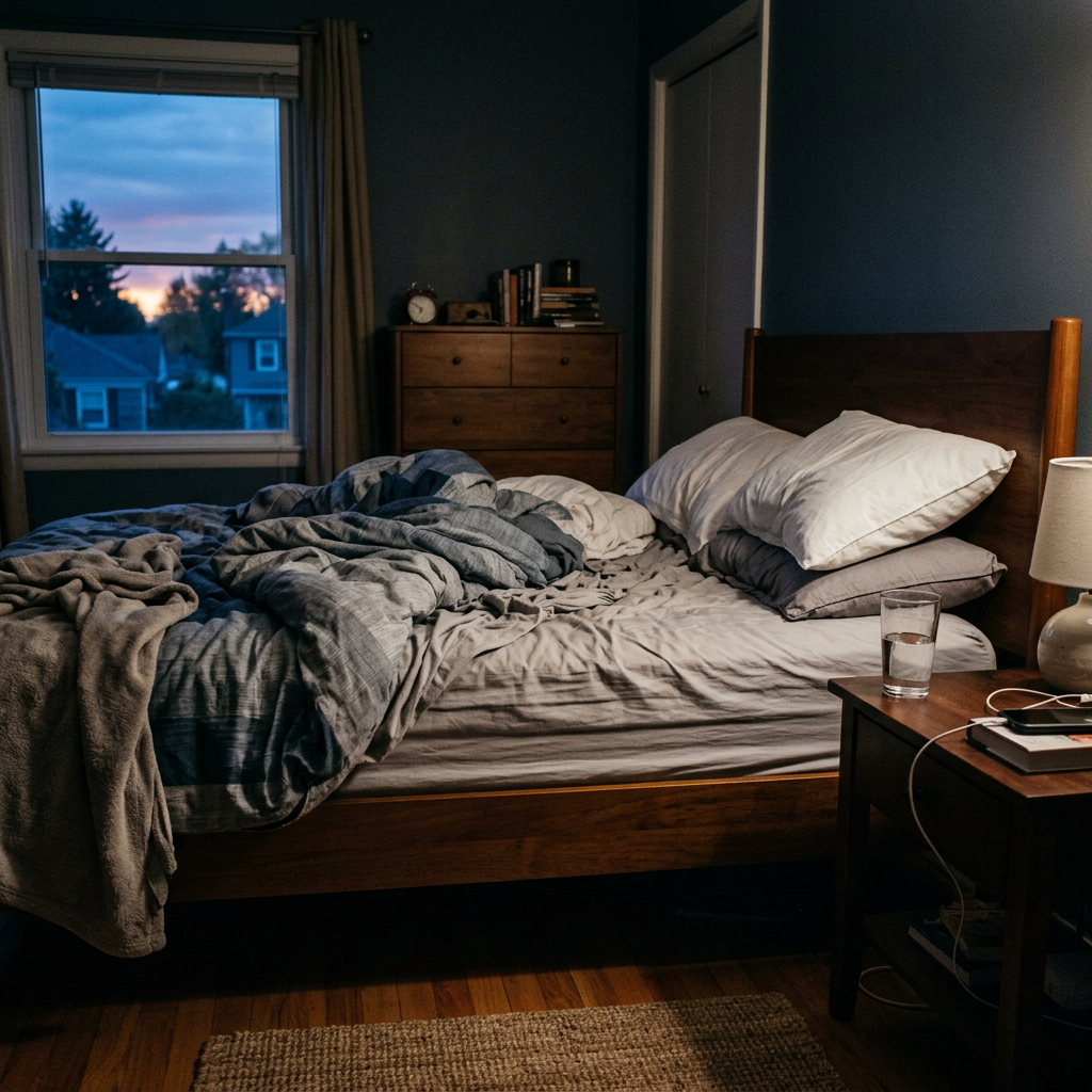 Unmade bed with crumpled blankets and pillows in a dimly lit bedroom at dusk