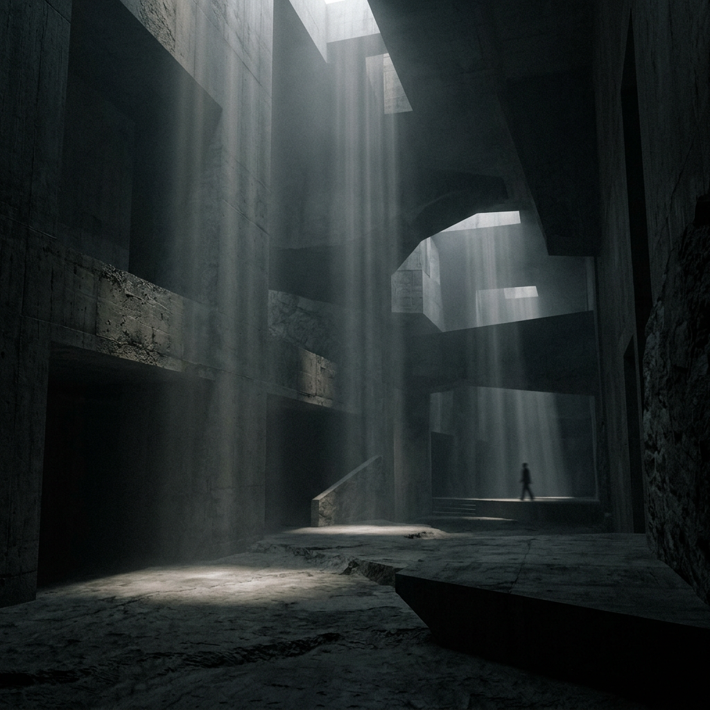 Abstract dark interior with gentle light beams