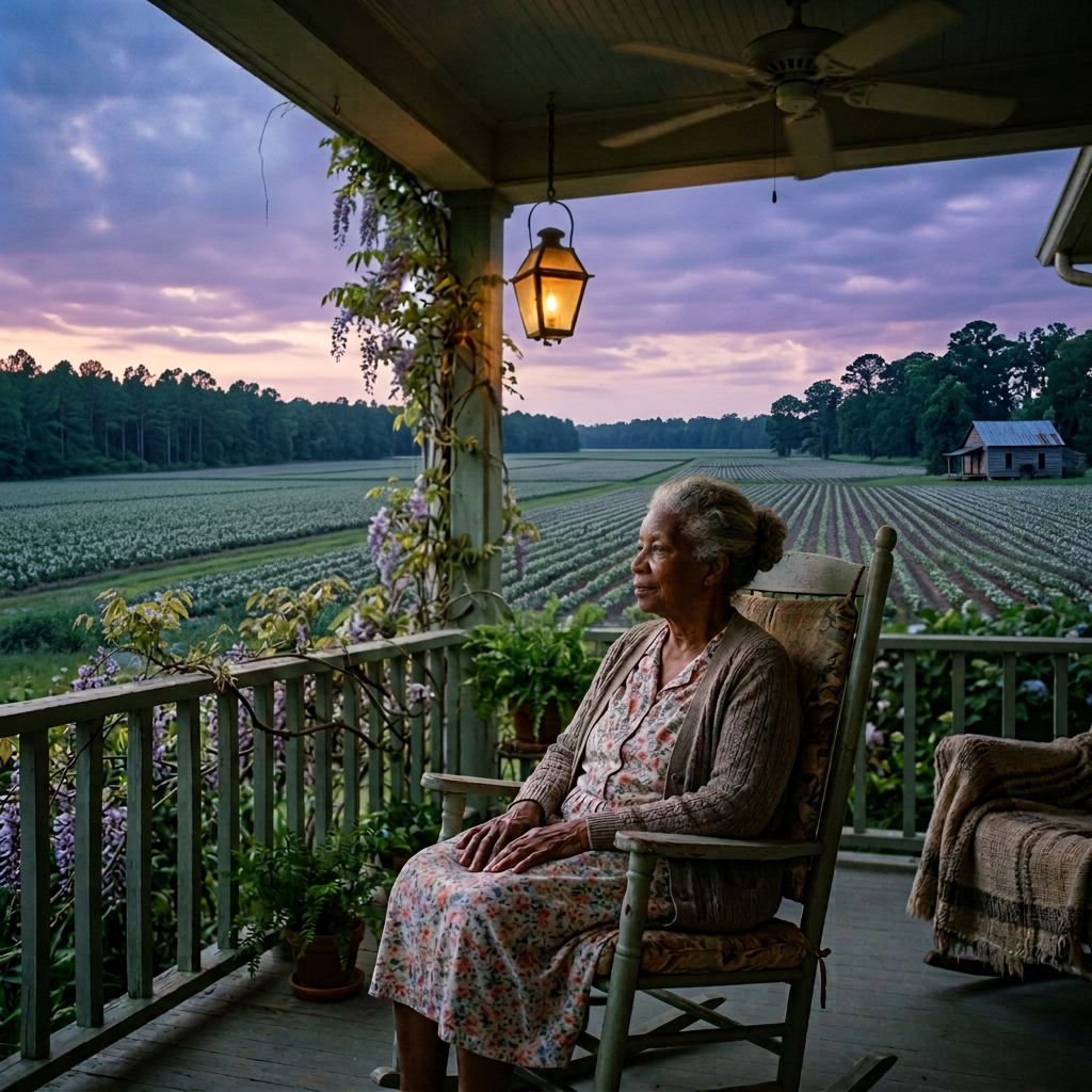 Elderly woman seated on a rocking chair on a garden porch at sunset