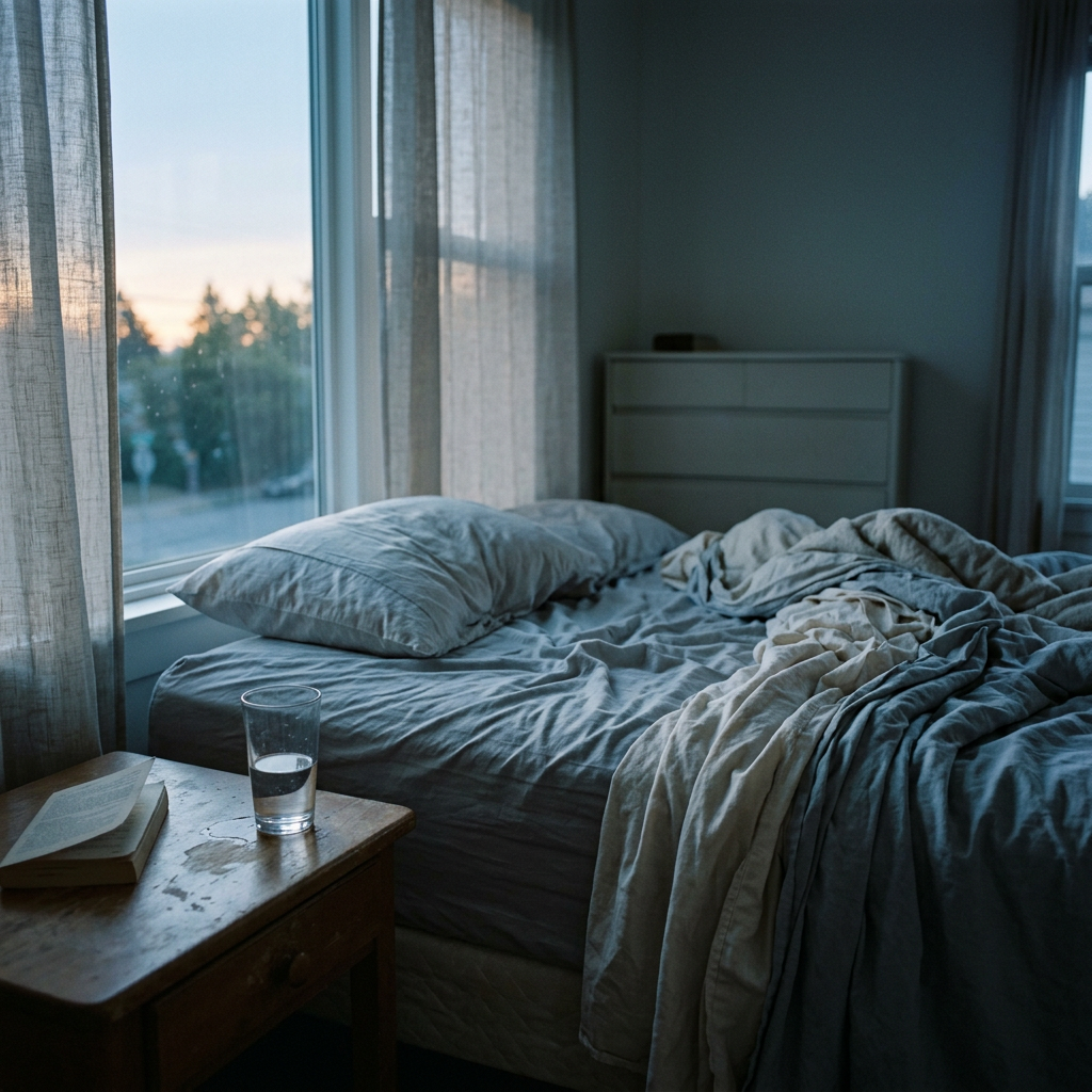 Unmade bed with pillows and crumpled blankets next to a window with sheer curtains